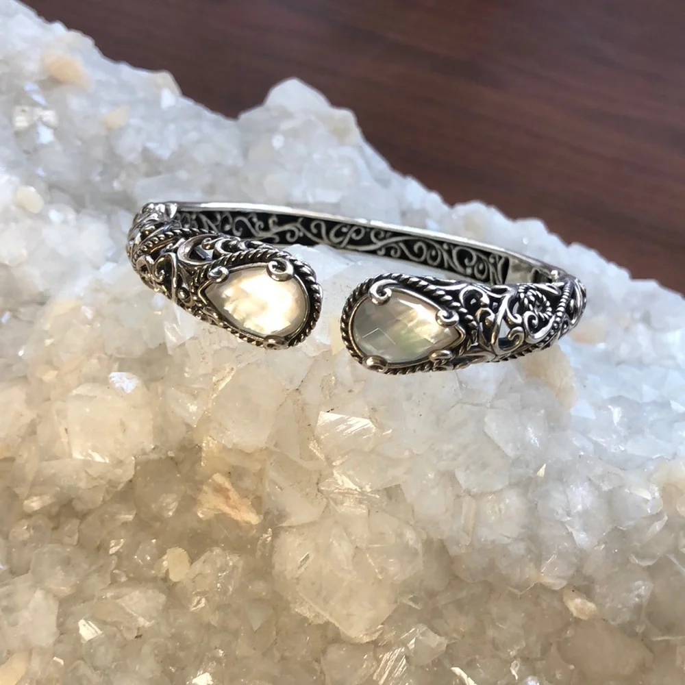 NWOT Carolyn Pollack Sterling Silver White Mother o Pearl Hinged Bangle Bracelet